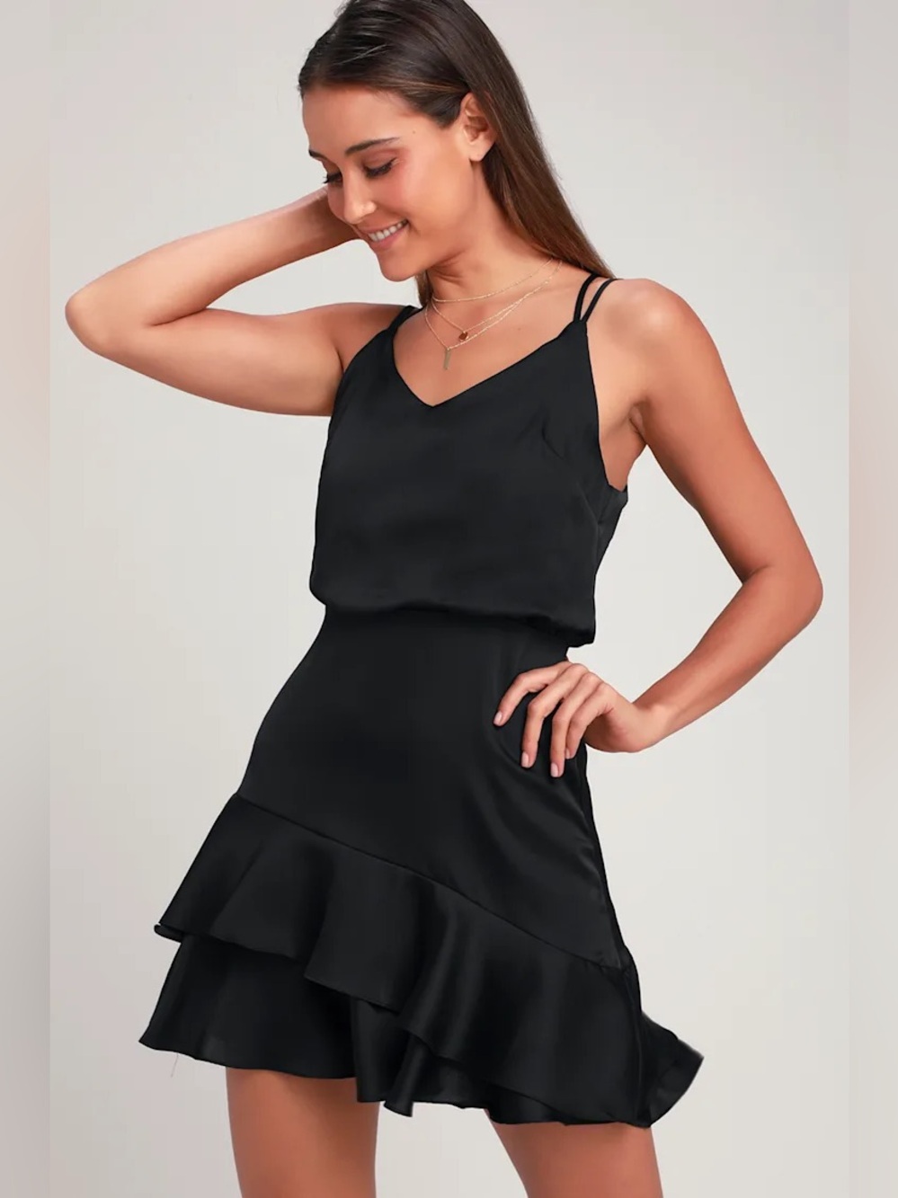 NWT Lulu’s On the Floor Black Satin Ruffle Dress Black XS Lulus Criss Cross